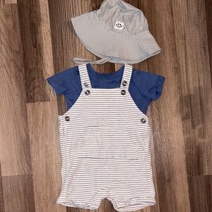 🍂3 for $15🍂 Striped Overalls with Blue Shirt and Gray Bucket Hat